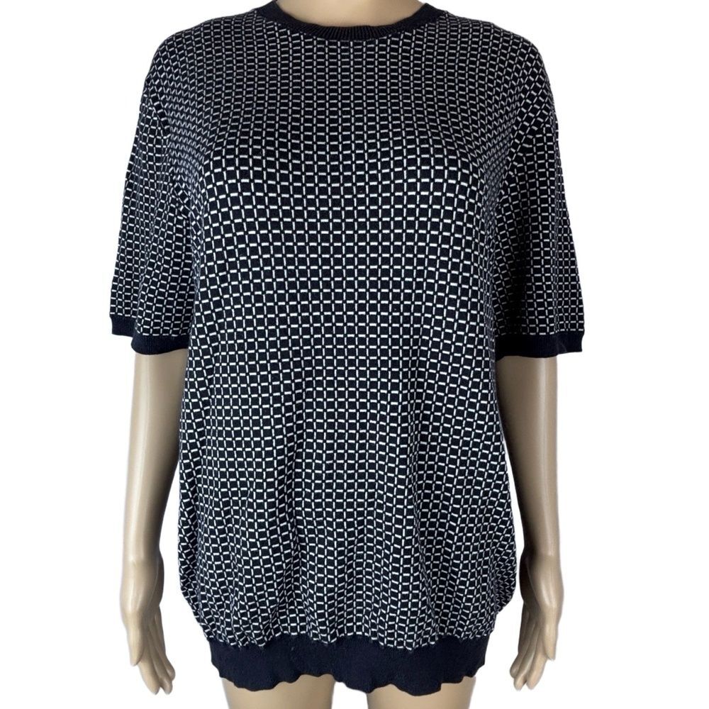 Black White Short Sleeve Knit Sweater Top Women's Size Large